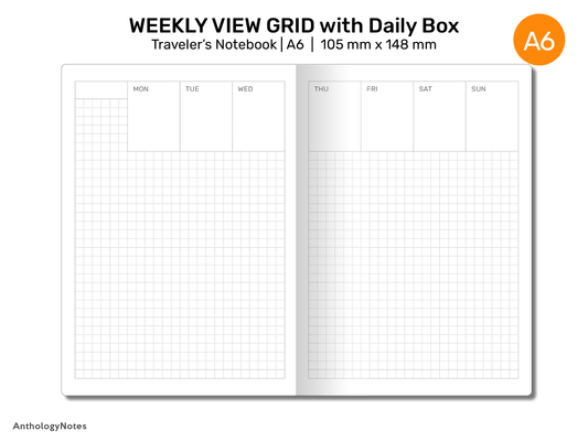 TN A6 Weekly GRID Vertical - with Daily Boxes Printable Refill Insert for Traveler's Notebook A6022-008