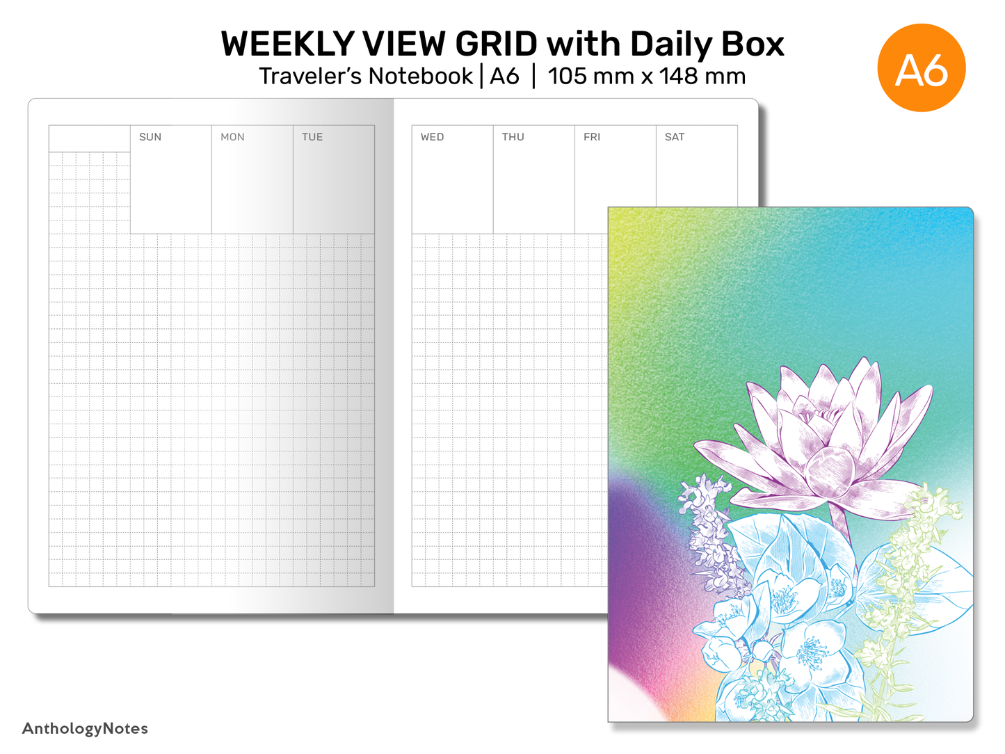 TN A6 Weekly GRID Vertical - with Daily Boxes Printable Refill Insert for Traveler's Notebook A6022-008