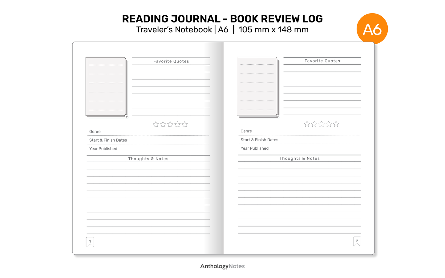 TN A6 READING Journal Printable Refill Insert for Traveler's Notebook - Book Review Log - A622-009