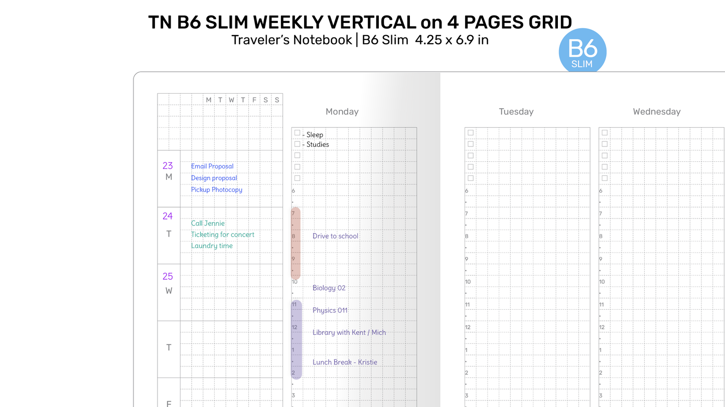TN B6 Slim Weekly VERTICAL GRID Traveler's Notebook Wo4P Minimalist Functional Insert Monday or Sunday Start B6SL22002