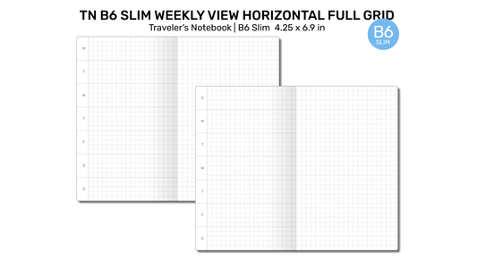 TN B6 Slim WEEKLY Horizontal Full GRID Traveler's Notebook Printable Insert - Monday or Sunday Start B6SL005-22