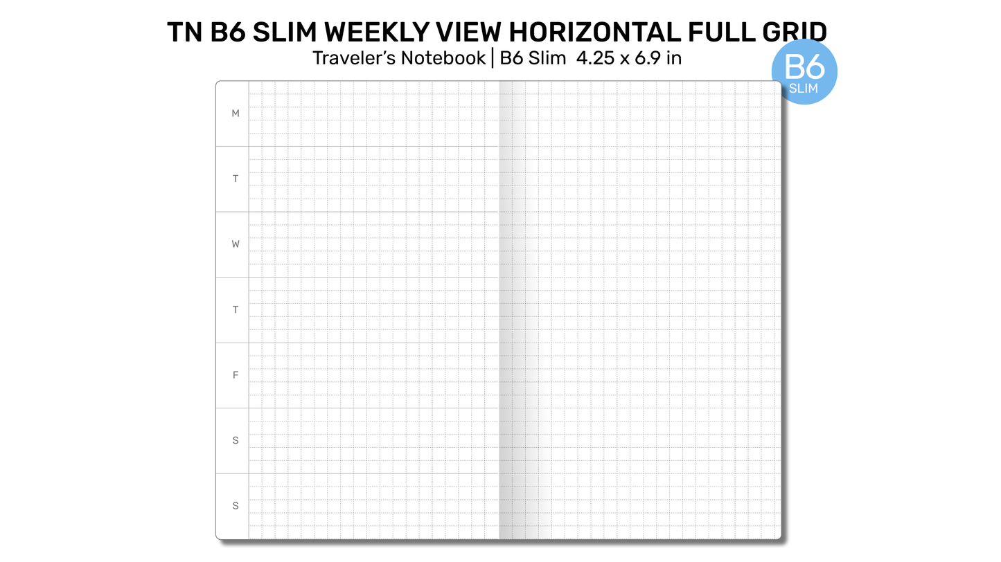 TN B6 Slim WEEKLY Horizontal Full GRID Traveler's Notebook Printable Insert - Monday or Sunday Start B6SL005-22
