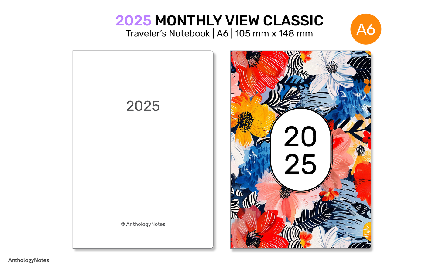 TN A6 2025 MONTHLY Planner Printable Insert Traveler's Notebook Mo2P Minimalist - DA6009-2025