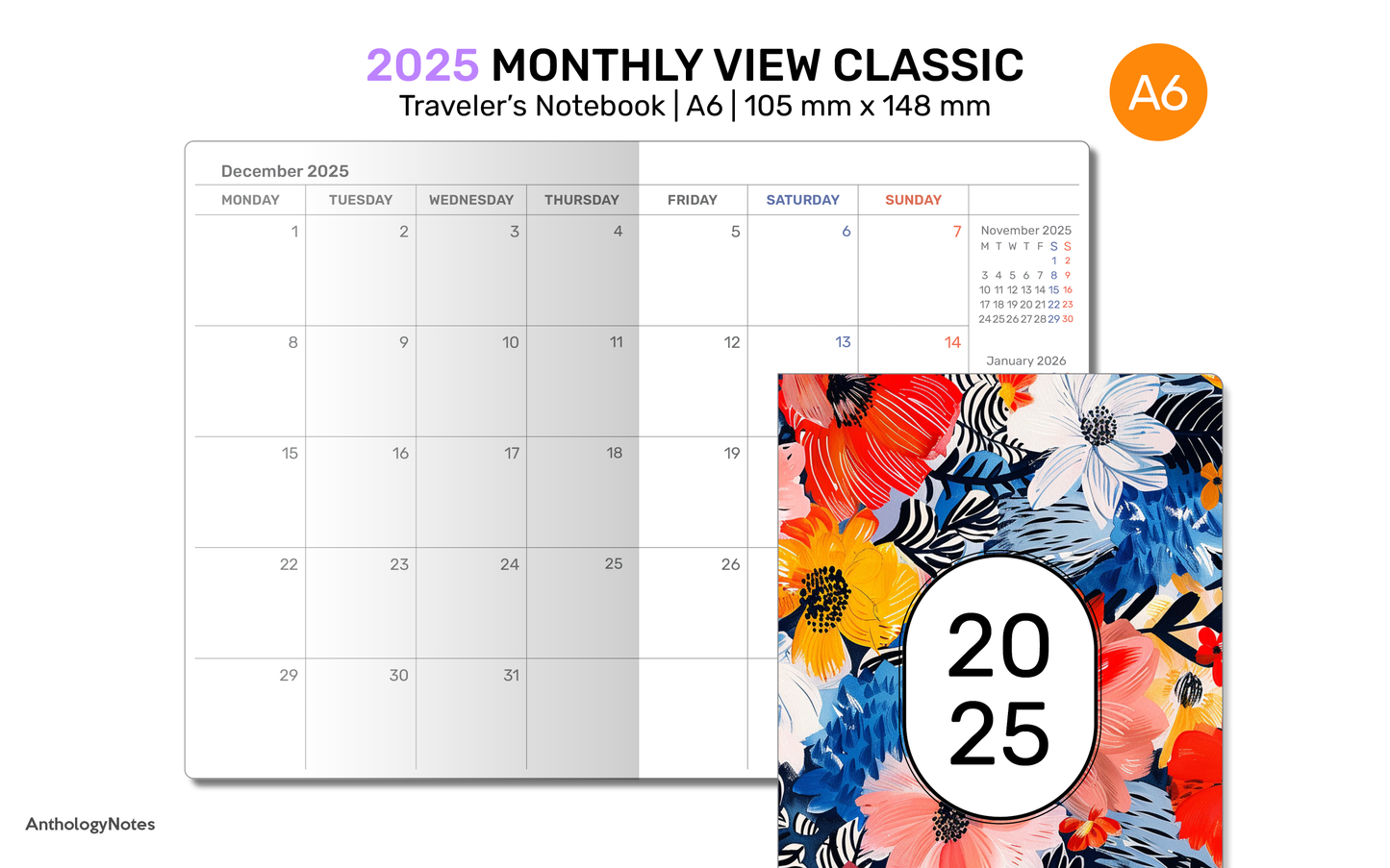 TN A6 2025 MONTHLY Planner Printable Insert Traveler's Notebook Mo2P Minimalist - DA6009-2025