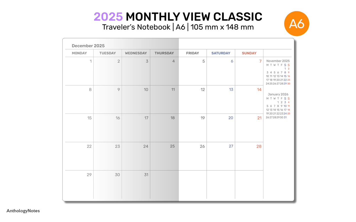 TN A6 2025 MONTHLY Planner Printable Insert Traveler's Notebook Mo2P Minimalist - DA6009-2025