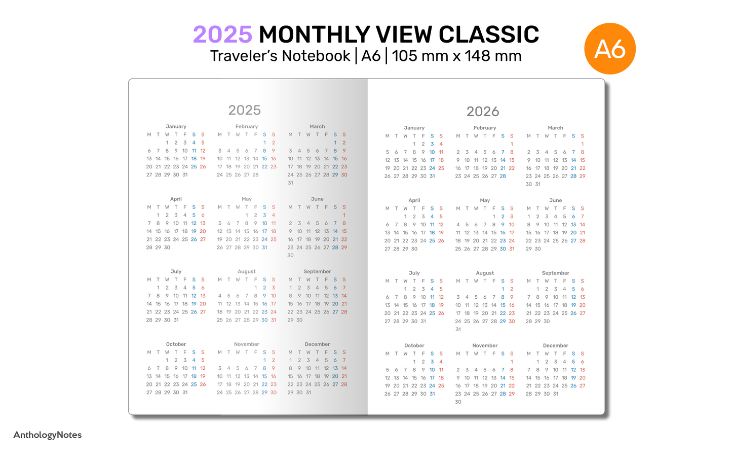 TN A6 2025 MONTHLY Planner Printable Insert Traveler's Notebook Mo2P Minimalist - DA6009-2025