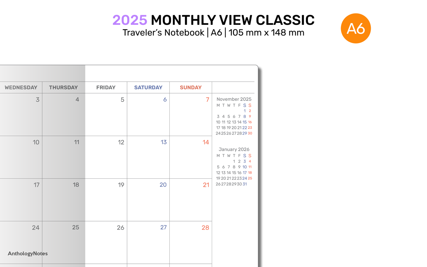 TN A6 2025 MONTHLY Planner Printable Insert Traveler's Notebook Mo2P Minimalist - DA6009-2025