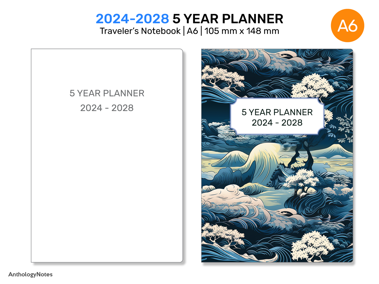 A6 5 YEAR Planner 2024 - 2028 FUTURE Log Vertical GRID for Traveler's Notebook | DA6001-2024