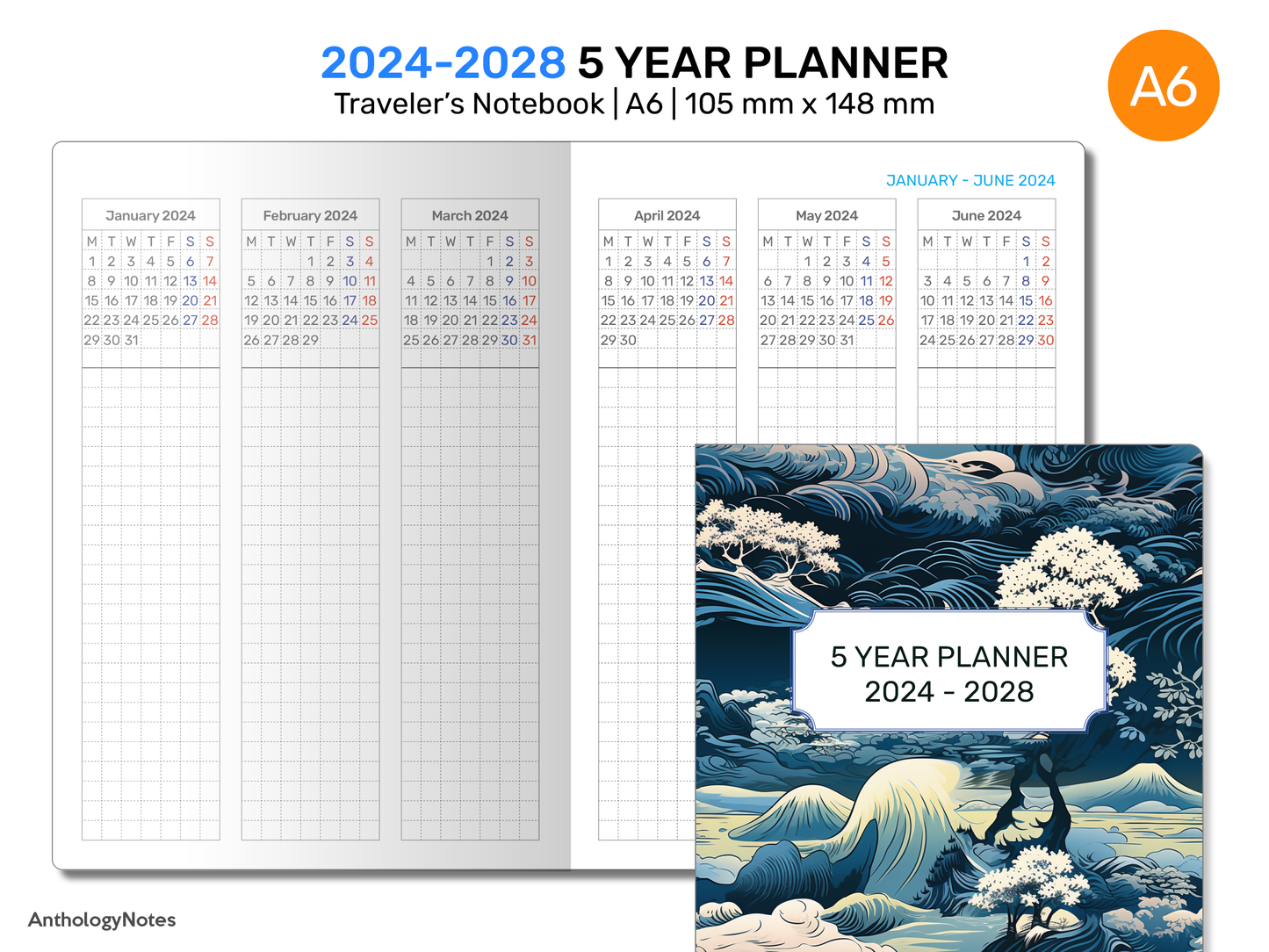 A6 5 YEAR Planner 2024 - 2028 FUTURE Log Vertical GRID for Traveler's Notebook | DA6001-2024