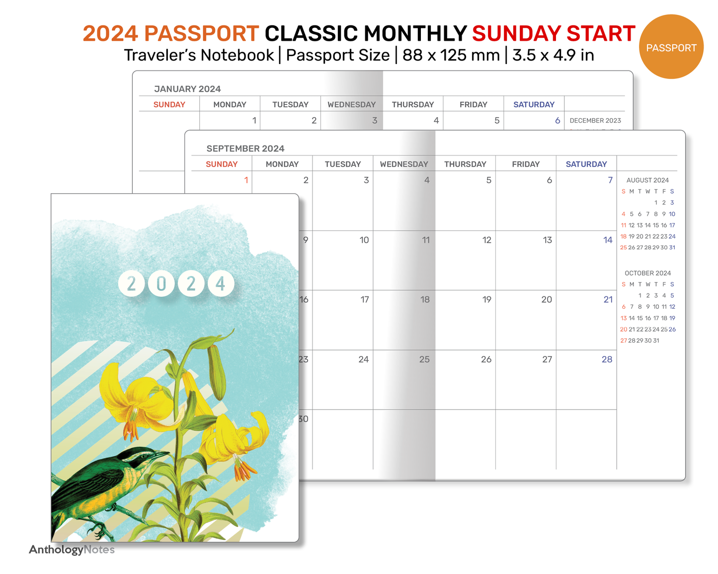 2024 PASSPORT Monthly SUNDAY Start Minimalist Diary Traveler's Notebook Printable Insert Mo2P