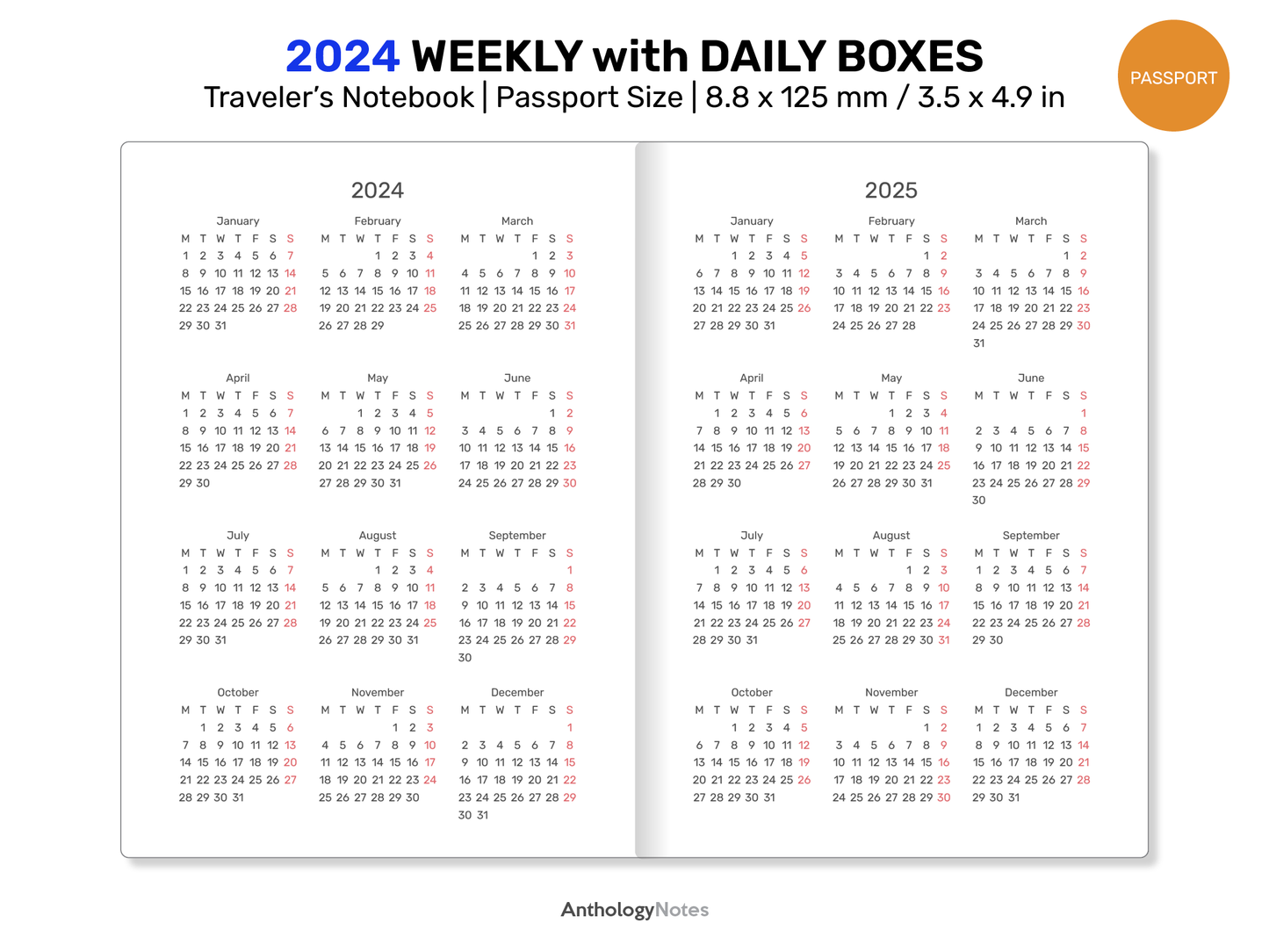 2024 PASSPORT Weekly Grid with DAILY BOXES Printable Insert Traveler's Notebook DPP007