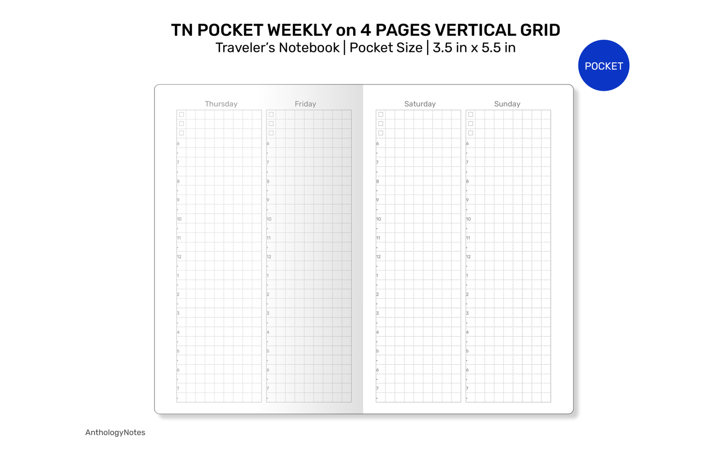 TN Pocket Size Weekly Vertical on 4 Pages GRID | Printable Traveler's Notebook Insert TN Minimalist FN22-05
