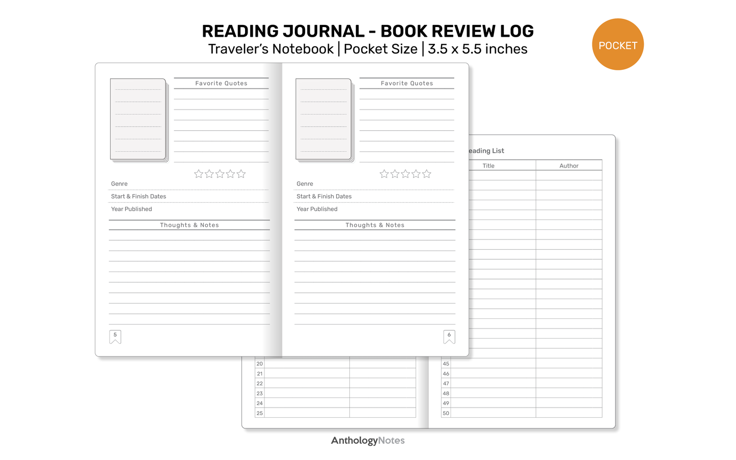 READING Journal TN POCKET Printable Refill Insert for Traveler's Notebook - Book Review Log