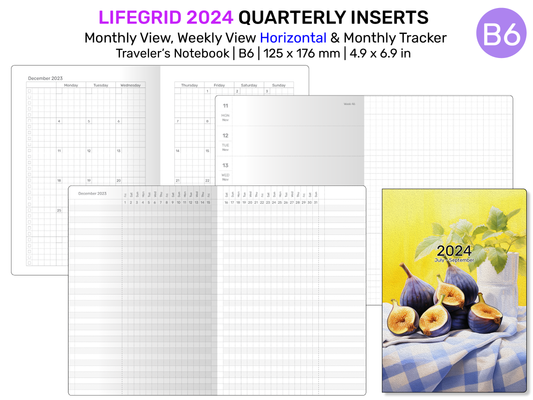 B6 LIFEGRID 2024 Quarterly Traveler's Notebook - Monthly View, Weekly View HORIZONTAL and Monthly Tracker - Printable TN Insert