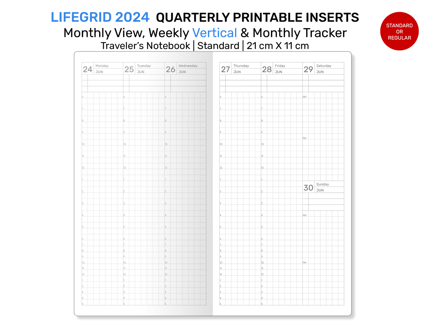 2024 LIFEGRID Traveler's Notebook QUARTERLY Insert Standard Size - Monthly, VERTICAL Weekly and Monthly Tracker Grid - LGSTN002
