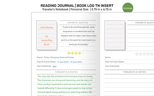 TN Personal READING Journal  Book Review Printable Refill Insert for Traveler's Notebook | PER22-015
