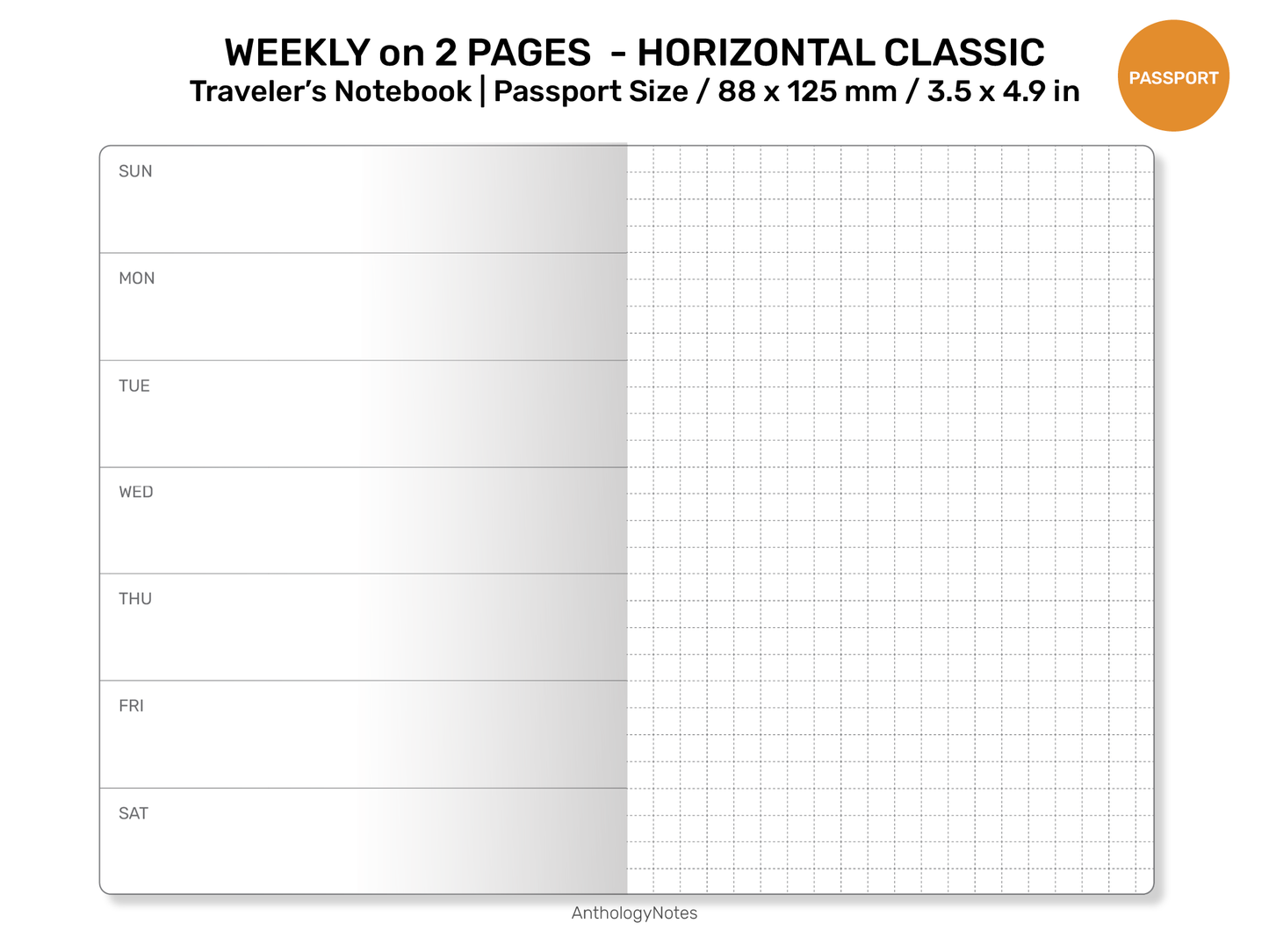 TN PASSPORT Weekly Horizontal Classic Printable Refill Insert Traveler's Notebook GRID Functional