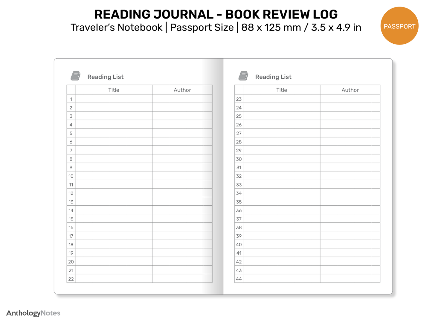 TN Passport READING Journal Printable Refill Insert for Traveler's Notebook - Book Review Log