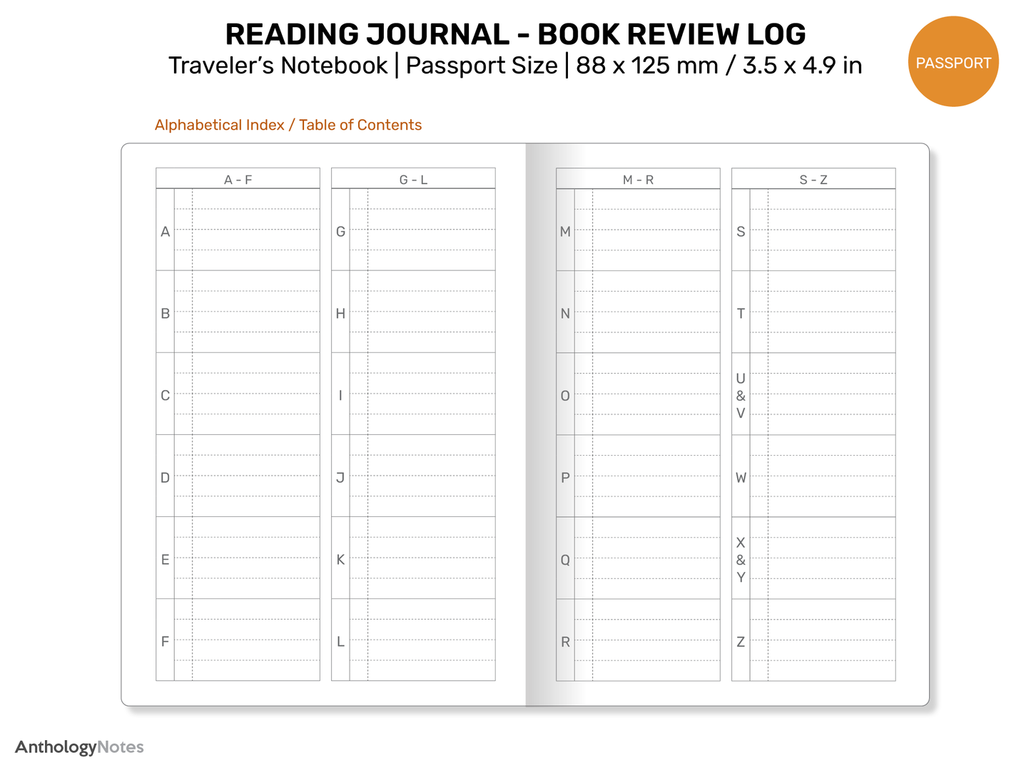 TN Passport READING Journal Printable Refill Insert for Traveler's Notebook - Book Review Log