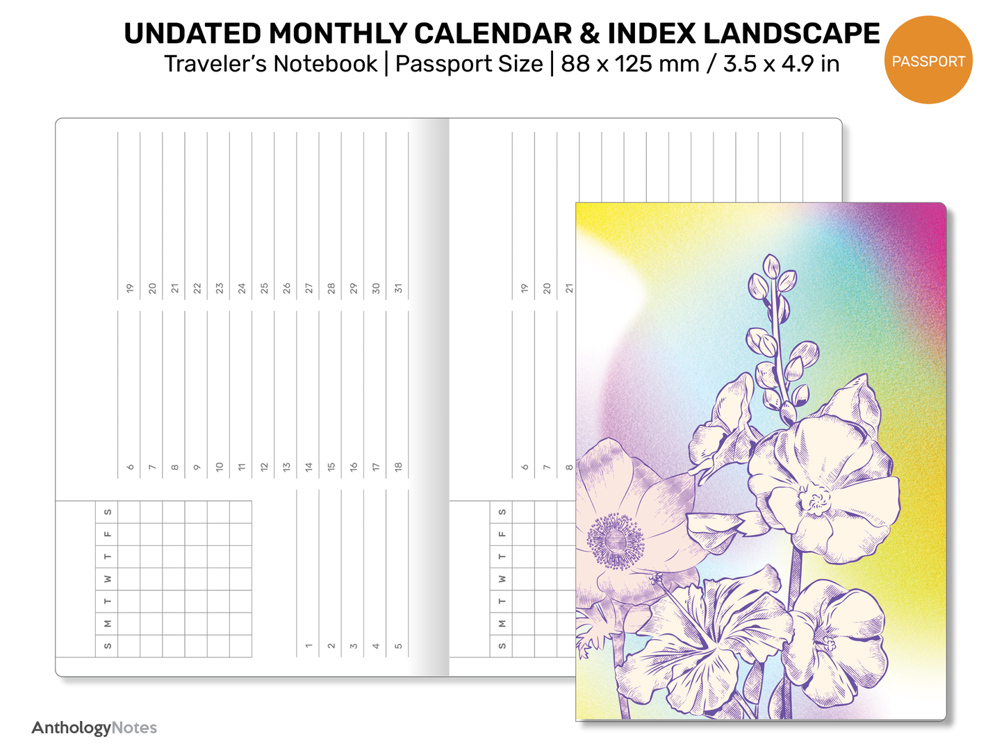 TN PASSPORT Monthly Index Calendar Landscape Undated Printable Traveler's Notebook Insert Minimalist | PP22-012