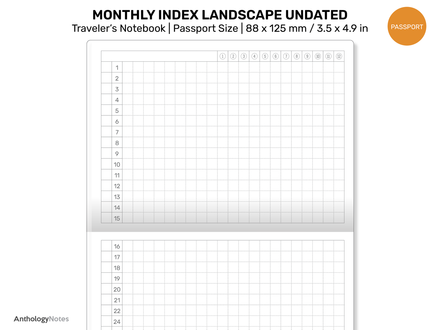 TN PASSPORT Monthly Index Landscape GRID Undated Printable Traveler's Notebook Insert Minimalist Mo2P | PP22-015