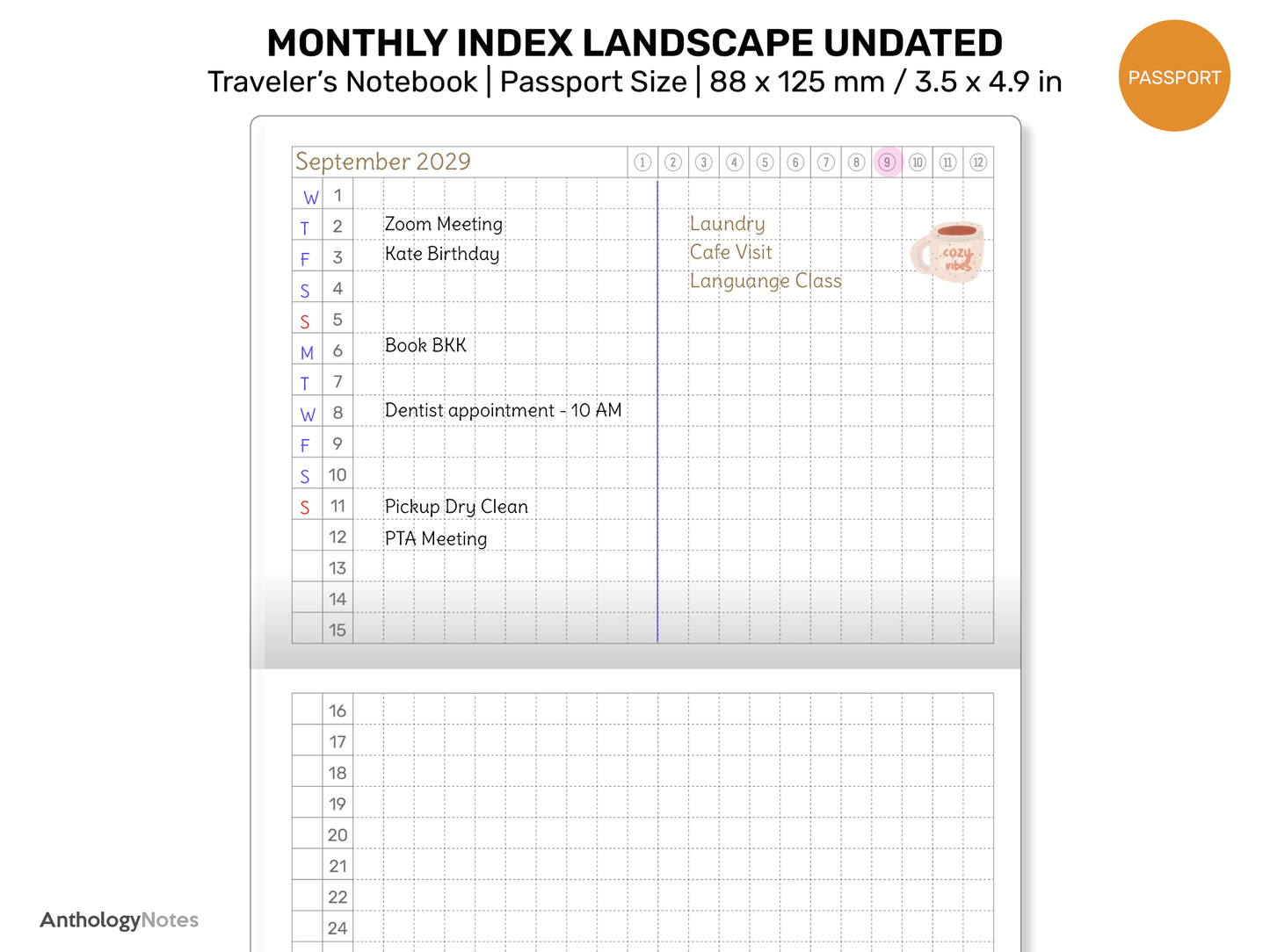 TN PASSPORT Monthly Index Landscape GRID Undated Printable Traveler's Notebook Insert Minimalist Mo2P | PP22-015