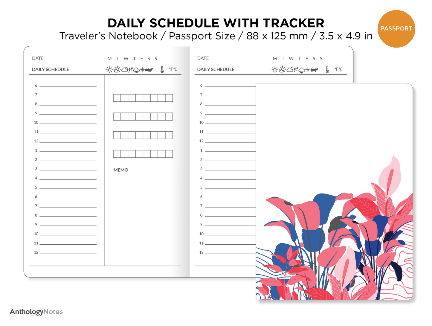 Passport TN DAILY SCHEDULE with habit tracker Printable Insert Traveler's Notebook PP021D