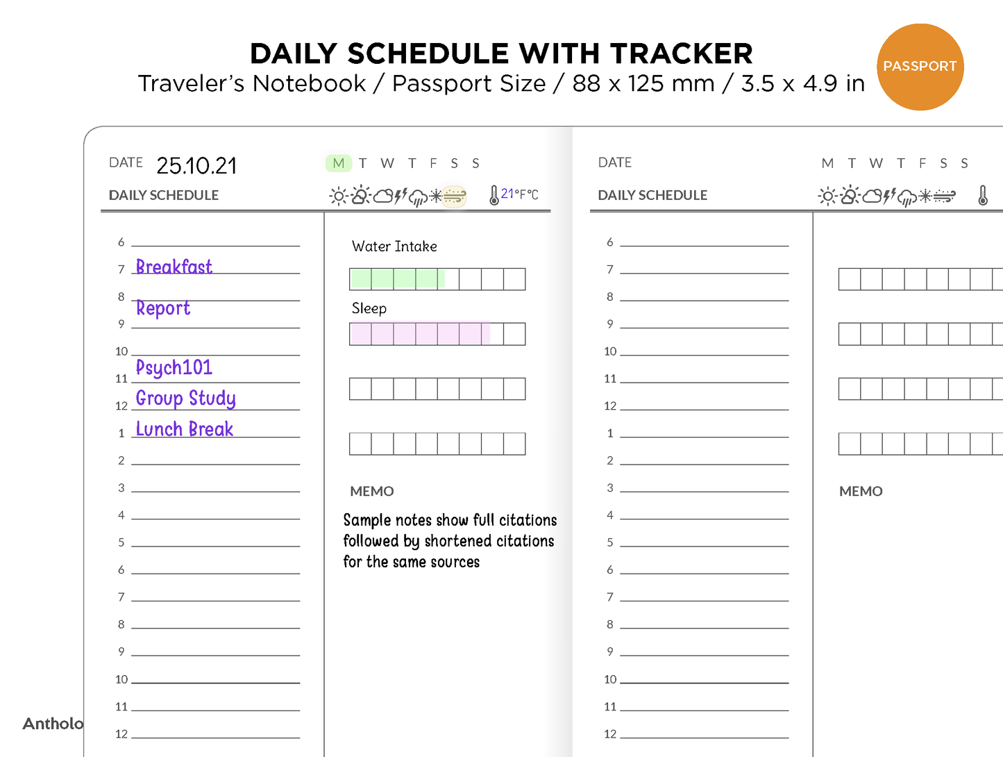 Passport TN DAILY SCHEDULE with habit tracker Printable Insert Traveler's Notebook PP021D
