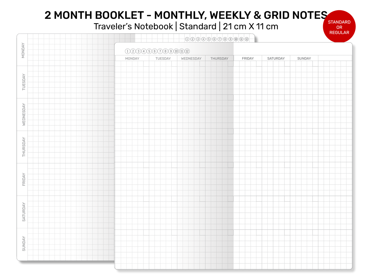 Standard TN 2-MONTH Booklet - Monthly, Weekly, Index, Grid Notes Printable Traveler's Notebook Insert Refill Grid - RTN043V2