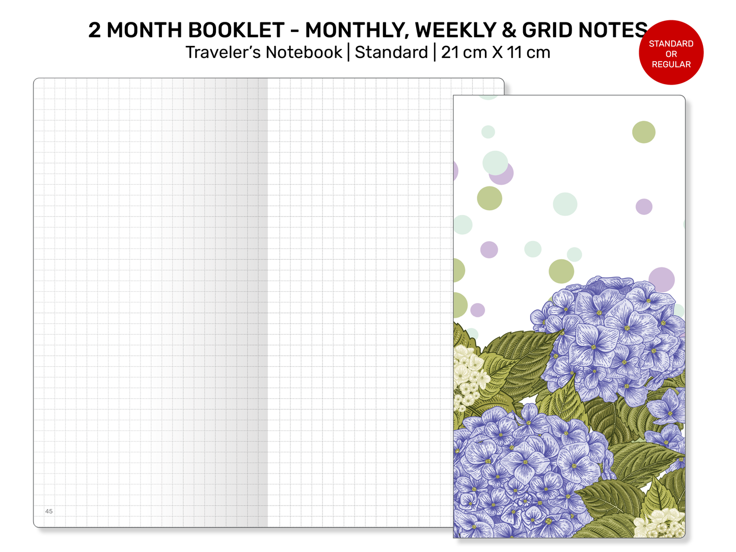 Standard TN 2-MONTH Booklet - Monthly, Weekly, Index, Grid Notes Printable Traveler's Notebook Insert Refill Grid - RTN043V2