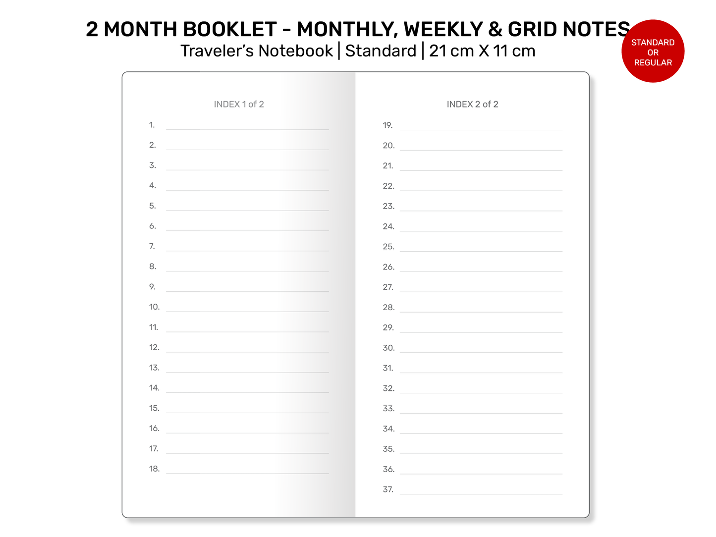Standard TN 2-MONTH Booklet - Monthly, Weekly, Index, Grid Notes Printable Traveler's Notebook Insert Refill Grid - RTN043V2