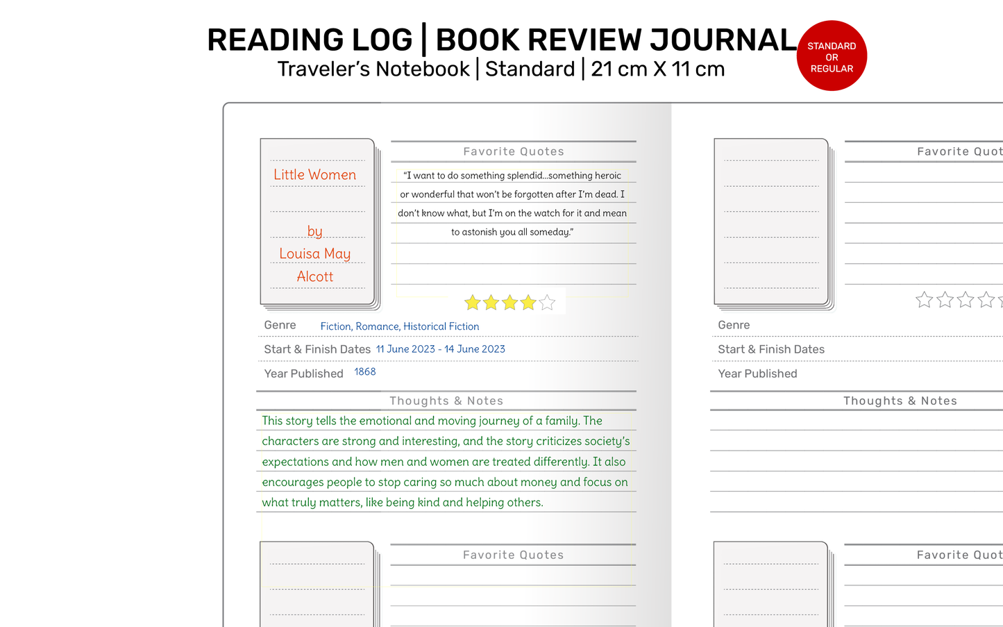 TN Standard READING Journal  Book Review Printable Refill Insert for Traveler's Notebook | RTN22-073