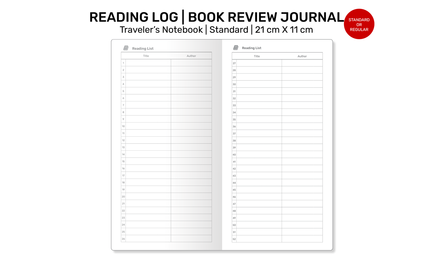 TN Standard READING Journal  Book Review Printable Refill Insert for Traveler's Notebook | RTN22-073