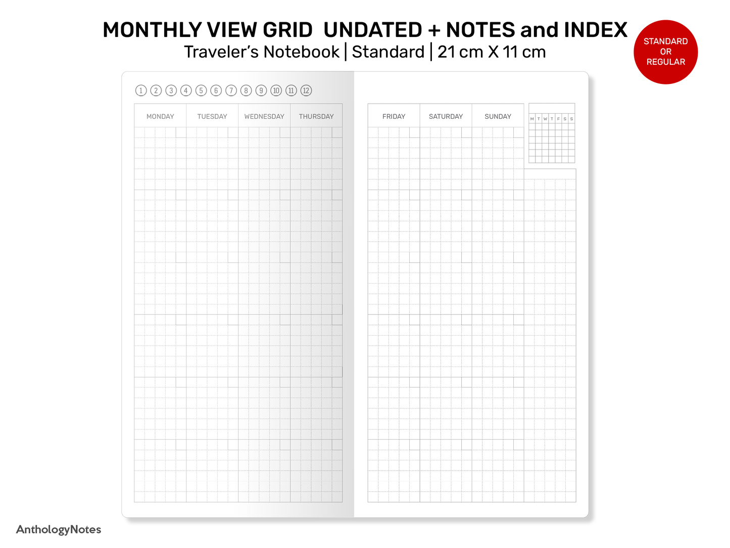 Standard TN Monthly GRID with EXTRA pages for Notes, Index Page Printable Traveler's Notebook Insert Minimalist RTN22-020