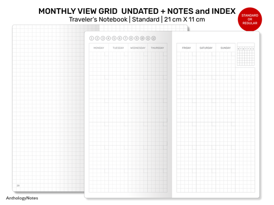 Standard TN Monthly GRID with EXTRA pages for Notes, Index Page Printable Traveler's Notebook Insert Minimalist RTN22-020