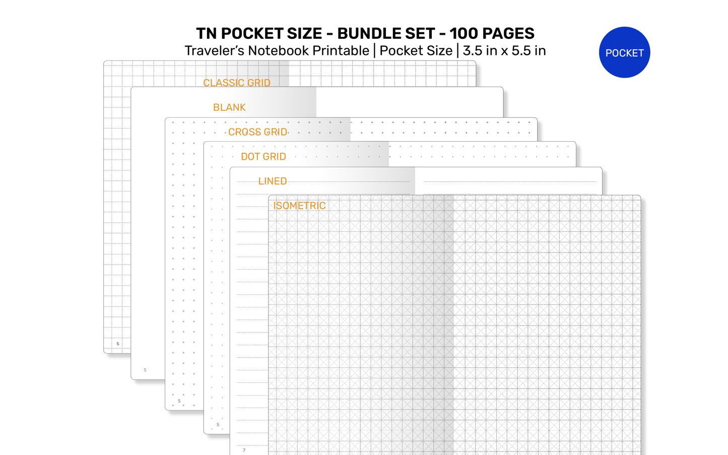 TN Pocket Bundle Set 100 Pages  Printable Insert Traveler's Notebook Field Notes, Grid, Blank, Dot Grid, Lined Bullet Log