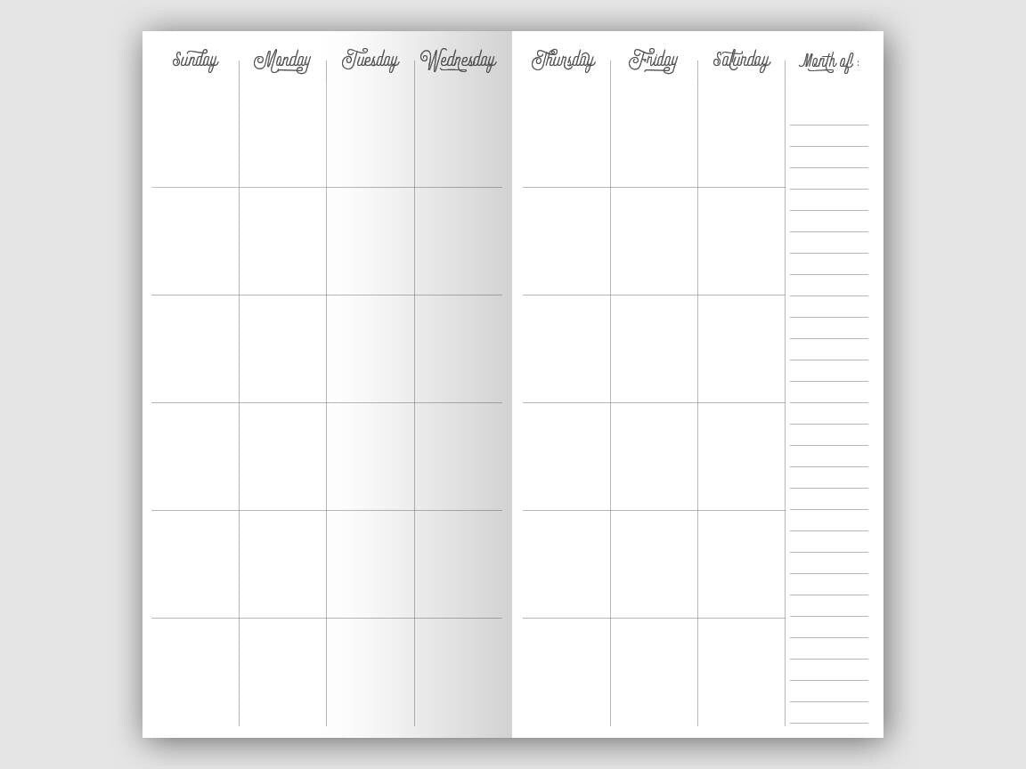 TN Standard Monthly View Fancy Script Traveler's Notebook Printable Insert Mo2P Minimalist Functional Planning