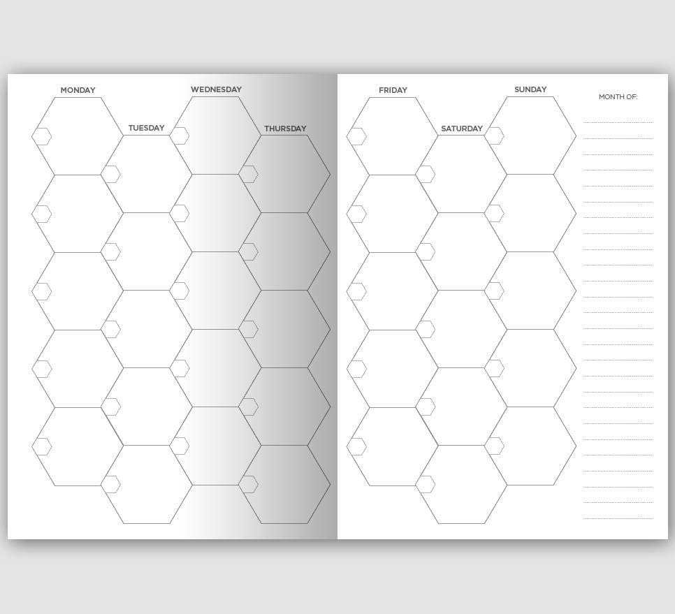 TN B6 Monthly Hexagon View Traveler's Notebook Printable Insert Mo2P Visual Planning