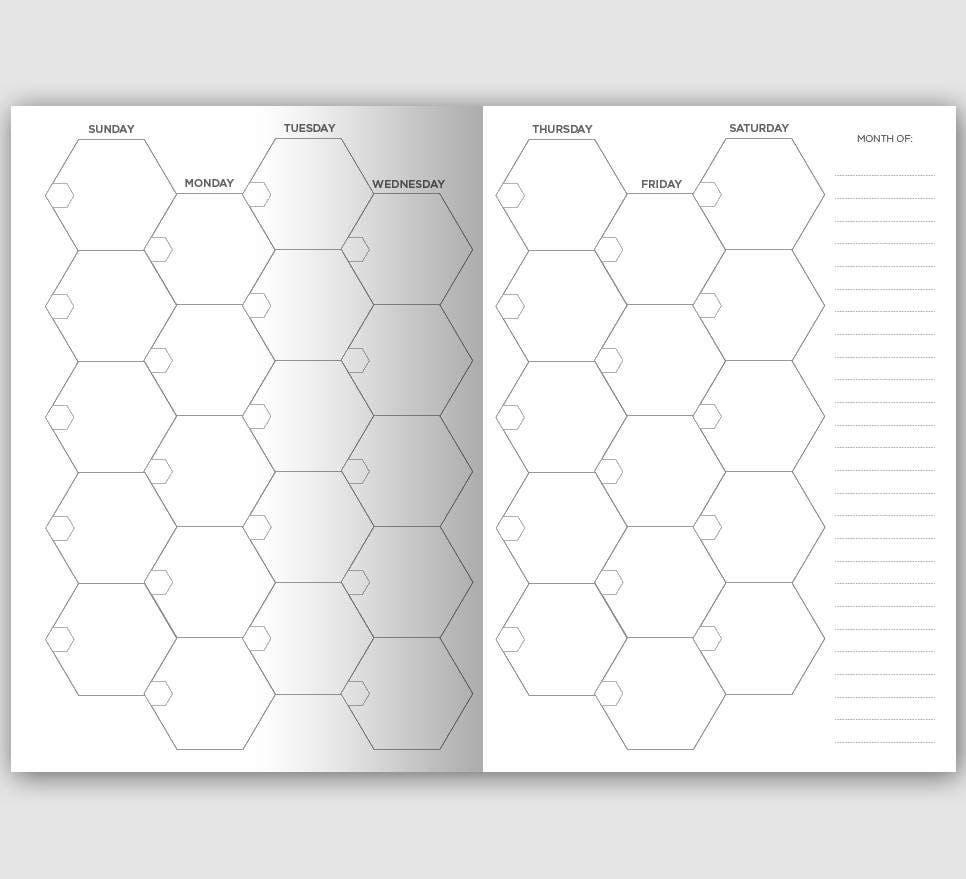 TN B6 Monthly Hexagon View Traveler's Notebook Printable Insert Mo2P Visual Planning