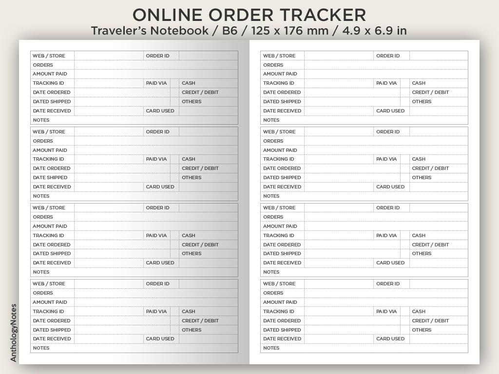 B6 Online Order Tracker - Printable Insert - Traveler's Notebook