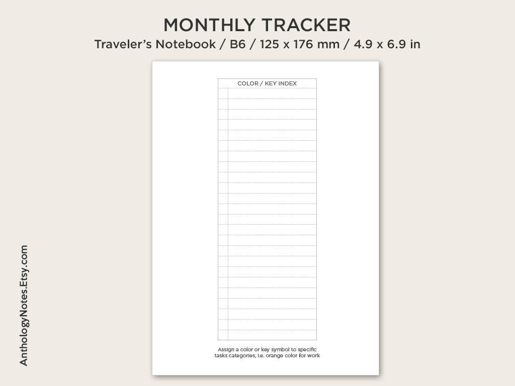 TN B6 Monthly Tracker Grid Printable Traveler's Notebook Insert, Minimalist, Clean - UNDATED
