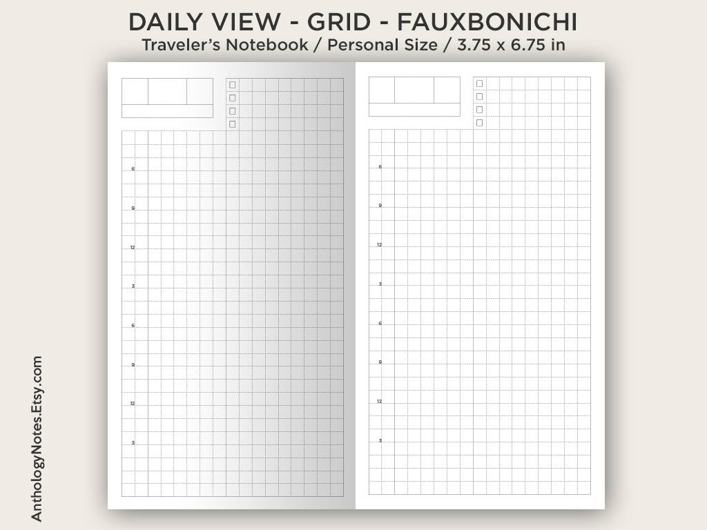 Daily View Hobonichi Inspired PERSONAL Size Traveler's Notebook Printable Insert GRID