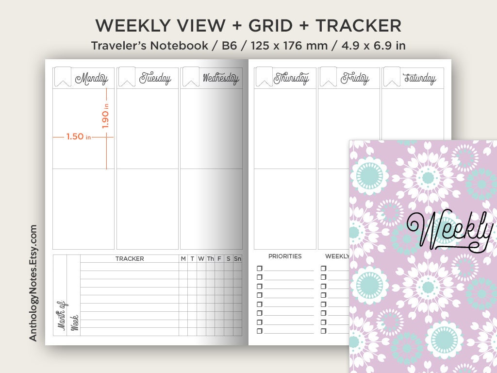 B6 Weekly Vertical Planner for EC Stickers - Traveler's Notebook Printable Insert - Wo2P - w/ Weekly Tracker