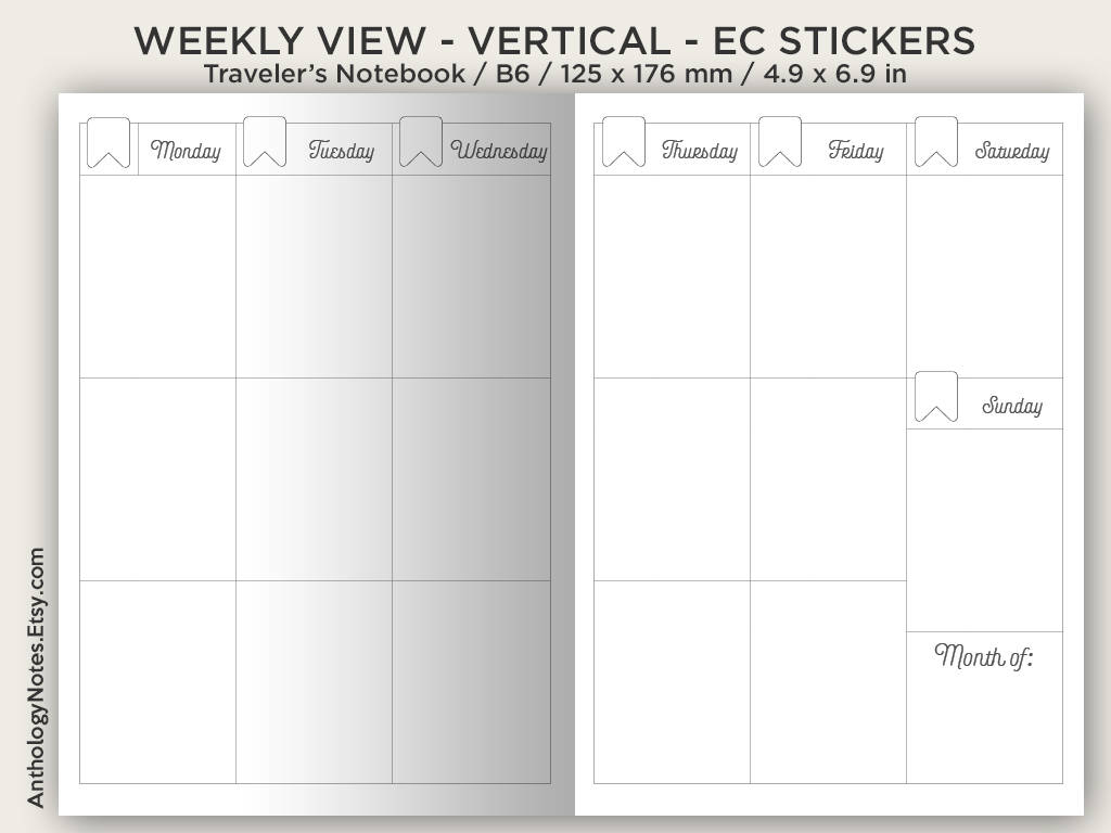 B6 WEEKLY View Vertical fits EC Full Box Printable Traveler's Notebook Insert B6027