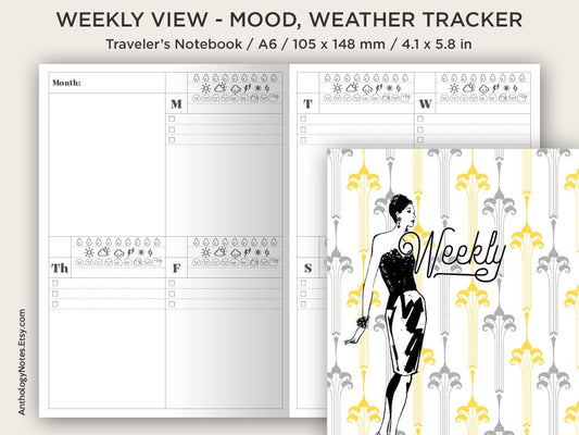 A6 Traveler's Notebook - Weekly View Vertical - Printable Insert - Diary Planner Undated - Weather, Mood, Water Tracker -