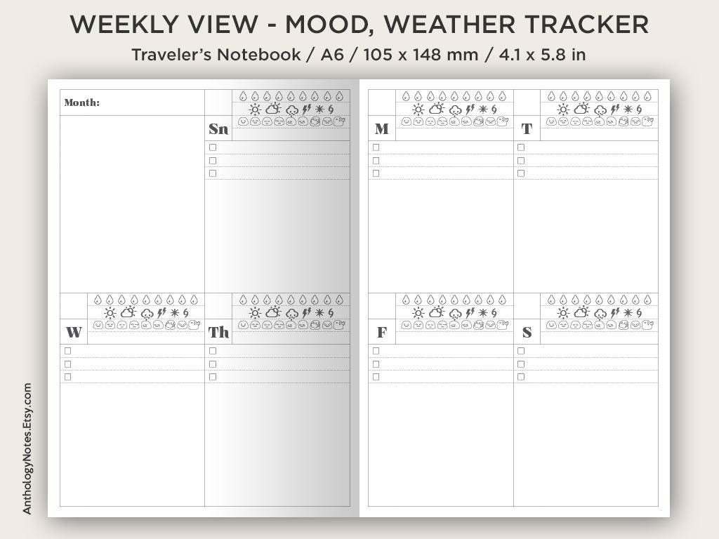A6 Traveler's Notebook - Weekly View Vertical - Printable Insert - Diary Planner Undated - Weather, Mood, Water Tracker -