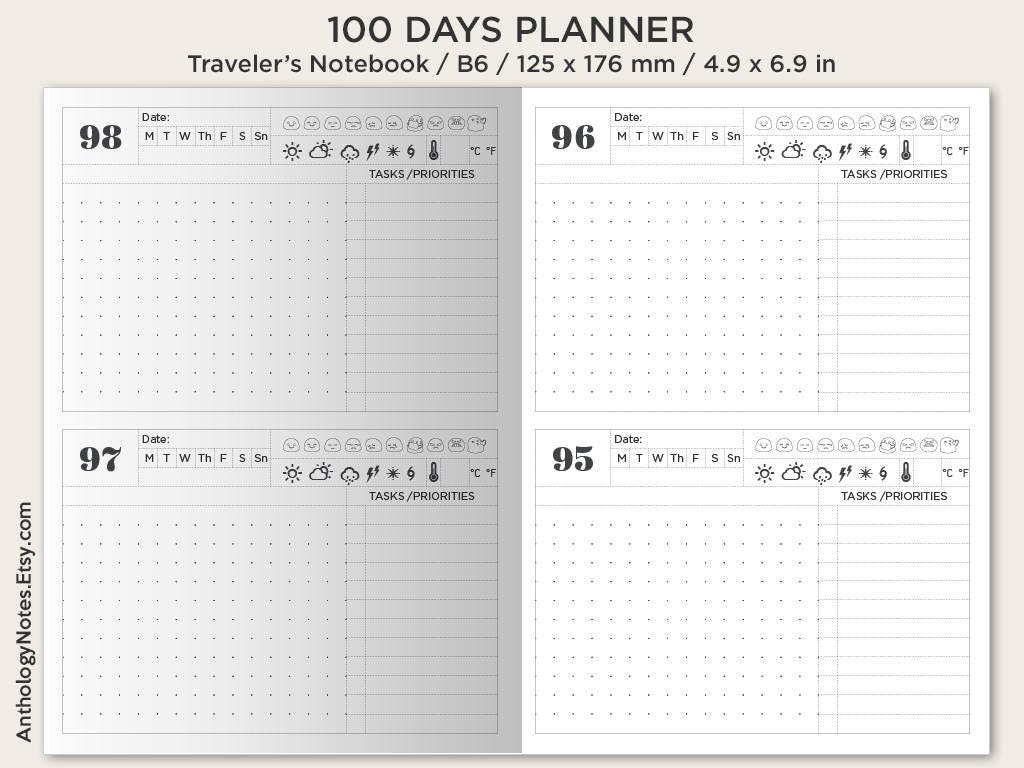B6 100 DAYS PLANNER - Printable Insert - Traveler's Notebook - Goal Setting Insert