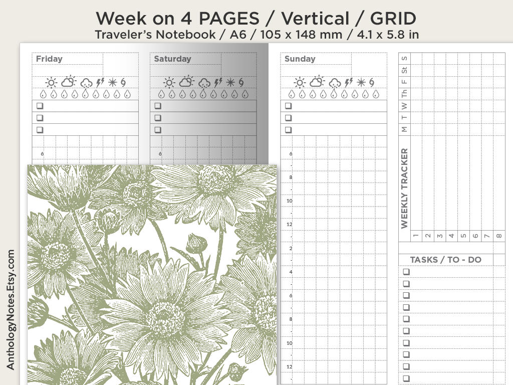 A6 Weekly View Wo4P Printable Insert Traveler's Notebook - Weekly Tracker - Minimalist - Vertical GRID