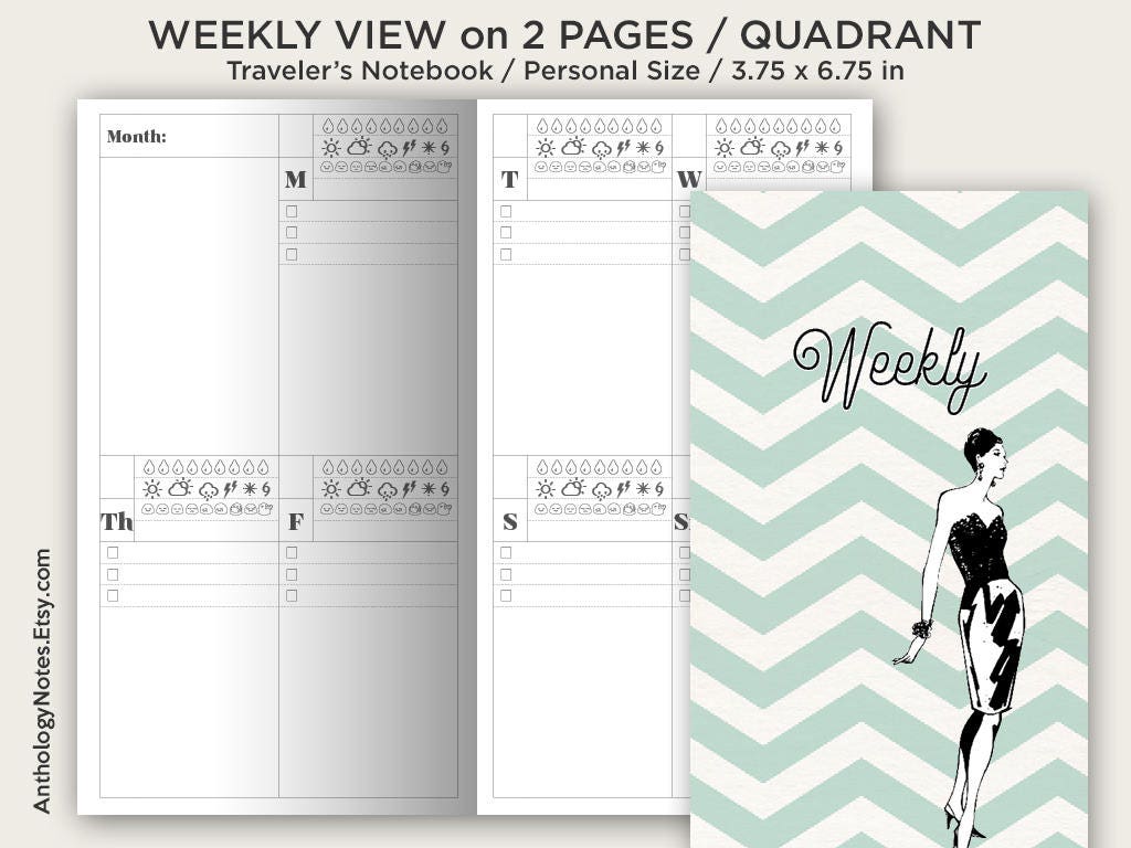 TN PERSONAL Size Weekly View Vertical Traveler's Notebook Printable Insert Diary Planner UNDATED - Weather, Mood, Water Tracker