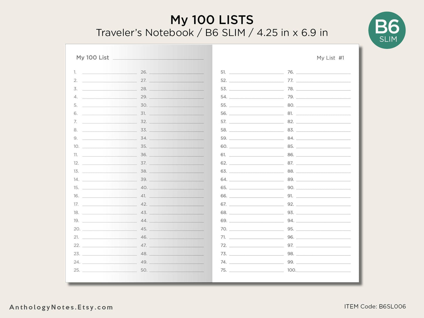 B6 SLIM My 100 Lists Printable Planner Traveler's Notebook Insert - Bucket List, Goals, Etc.